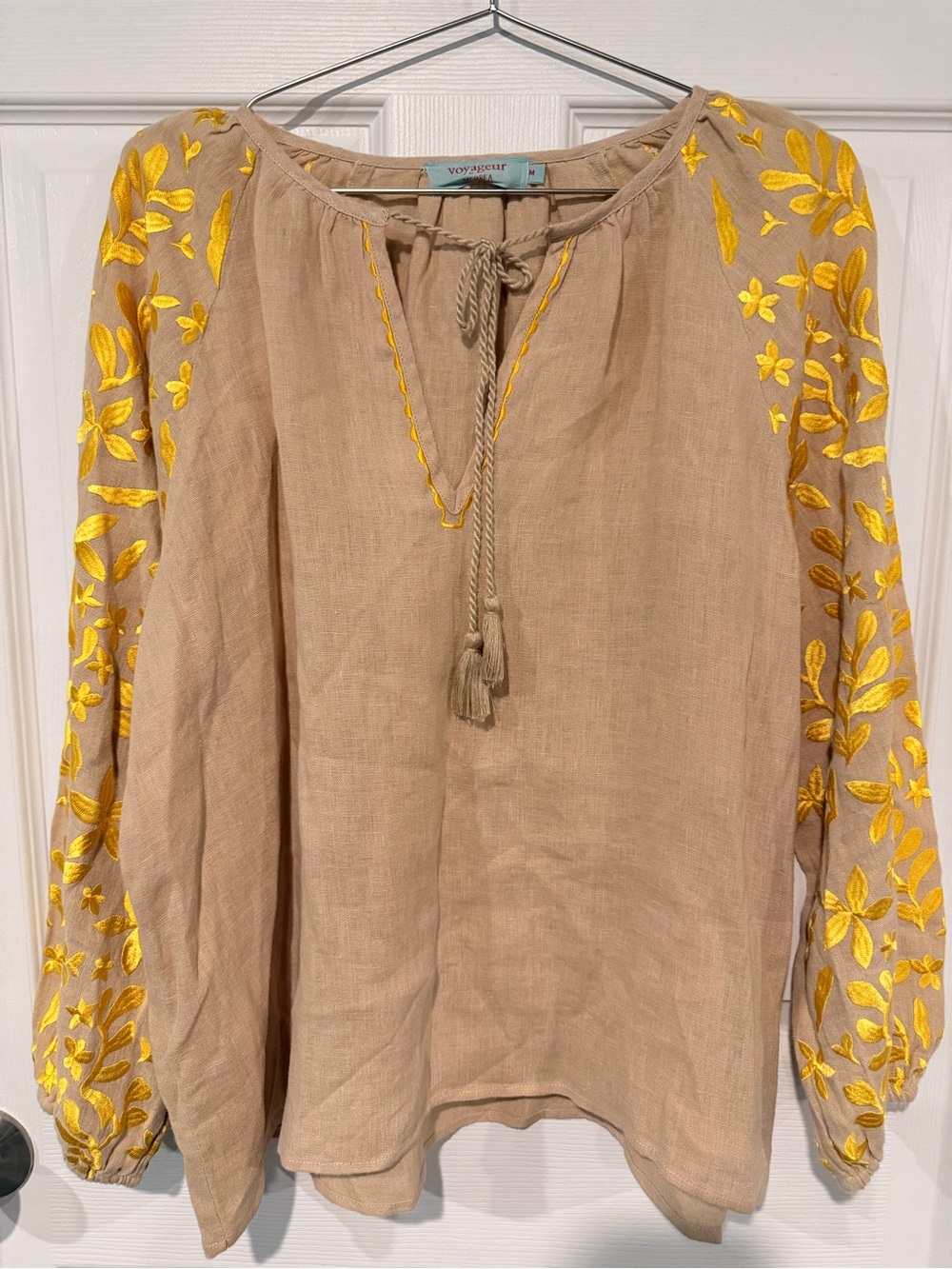 Voyageur by MERSEA Beige Linen Tunic with Yellow Embroidered Sleeves-small